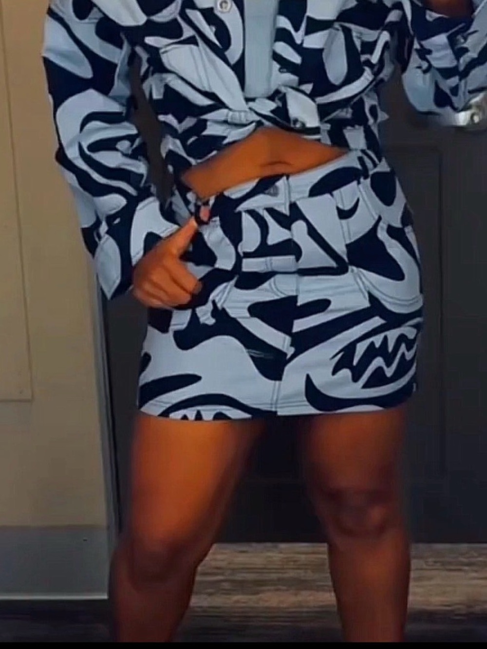 a new day Light Blue & Black Abstract Mini Skirt
